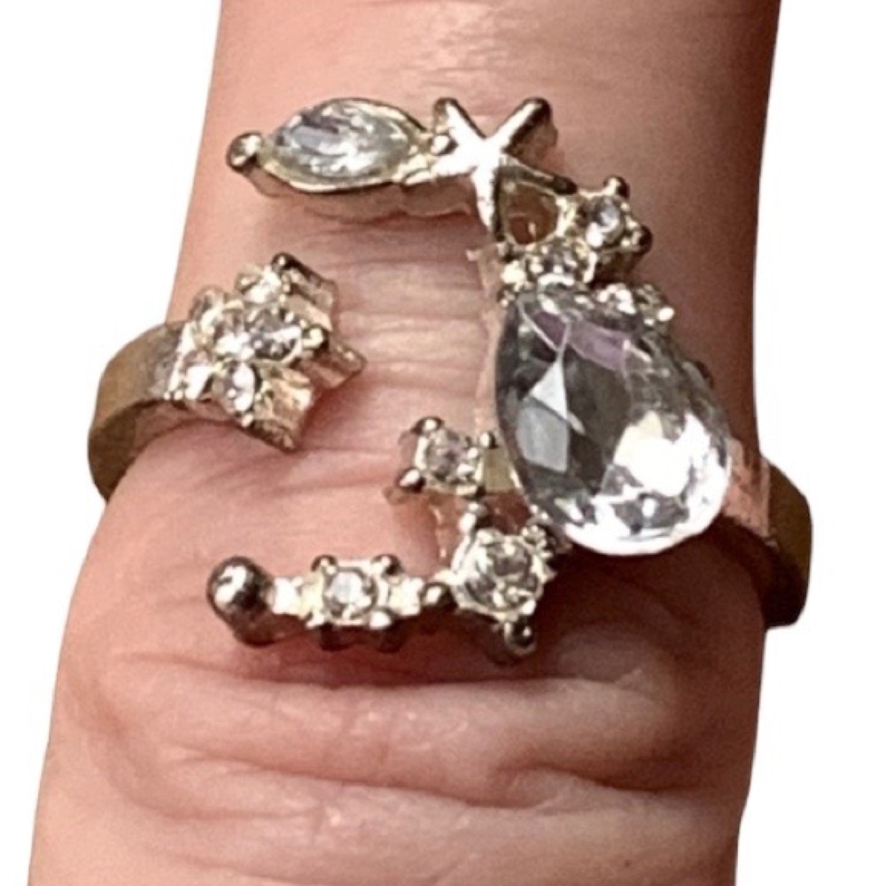 Moon & Stars Crystal Rhinestones Silver Plated Fashion Ring Woman’s Jewelry